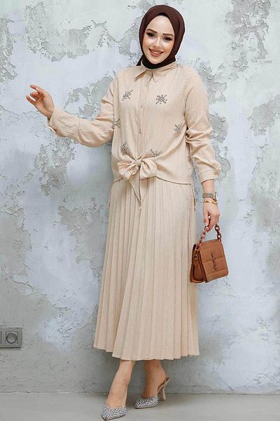 Neva Style Set din două piese cu fustă hijab bej cu detaliu de mărgele - 60062BEJ
