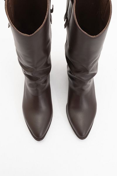 LuviShoes Κοντές μπότες SOJO Brown Skin από γνήσιο δέρμα με χοντρό τακούνι