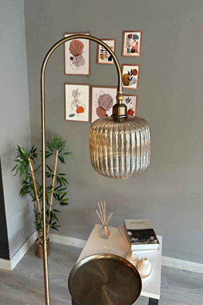 Bamyum Bal Rengi Cam Lambader U Tepsili Modern Dekoratif Metal Oturma Odası Çalışma Odası Zemin Lambası