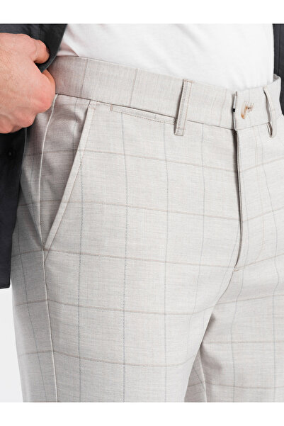 OMBRE Ανδρικό παντελόνι με κλασικό κόψιμο σε λεπτή καρό - μπεζ V1 OM-PACP-0187 L