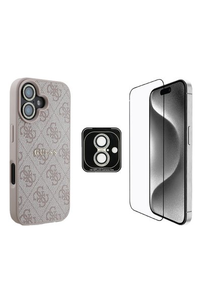 Guess iPhone 16 Plus Guess Lisanslı 3'lü Aksesuar Seti Kılıf-Ekran Koruyucu-L...
