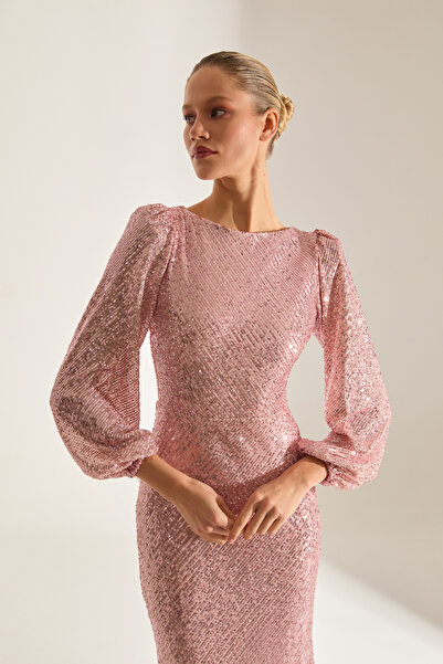 BETTY & SAM NICOLE Işıltılı Payet PUDRA Balon Kol Midi Elbise