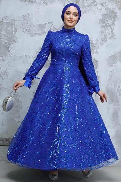 Neva Style Sequin Bead Embroidered Sax Blue Hijab Evening Dress 4908Sx