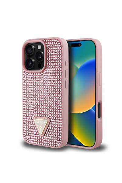 Guess iPhone 16 Pro Max Uyumlu  Kılıf Guess Lisanslı Üçgen Logolu Taşlı Kapak Pembe