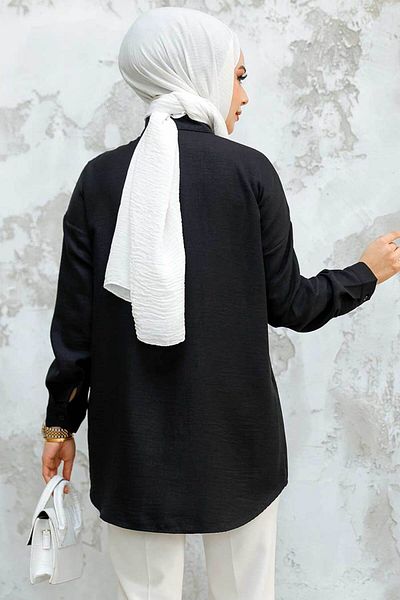 Neva Style Μαύρο πουκάμισο Hijab με χάντρες 45270S