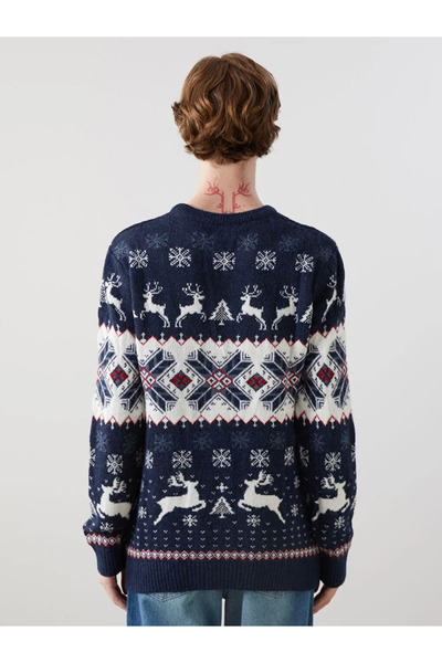 LC Waikiki XSIDE Lacivert Bisiklet Yaka Uzun Kollu Yılbaşı Temalı Erkek Triko Kazak