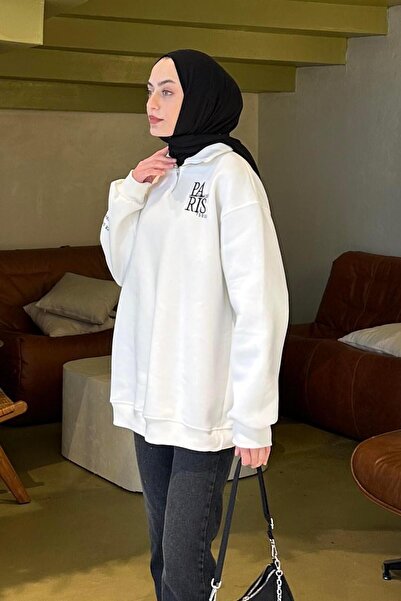 lamelif Λευκό Παρίσι Κεντημένο Φούτερ με φερμουάρ γιακά