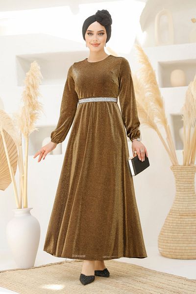 Neva Style Rochie de seara cu hijab - Rochie de seara hijab auriu argintiu 42541aur
