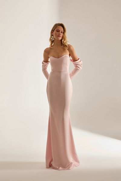 BETTY & SAM Rineta Satin Fish Skirt Strapless Evening Dress Powder Dress