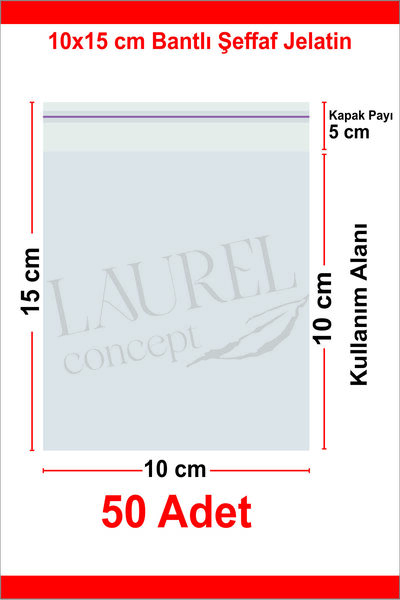 laurelconcept 50 Adet Bantlı Şeffaf Jelatin Poşet 10x15 cm