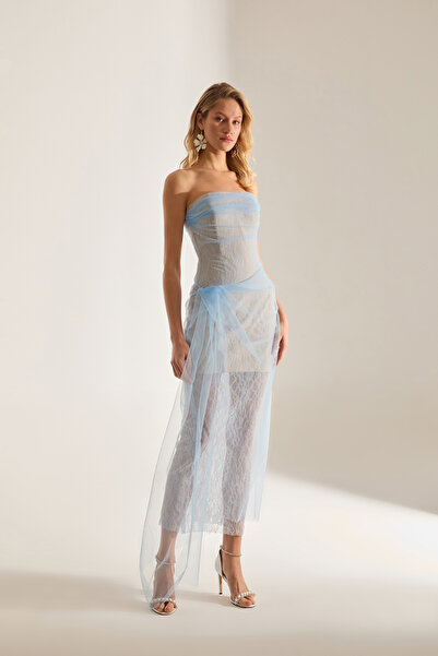 BETTY & SAM Venüs Drapeli Tül Dantel Açık Mavi Elbise