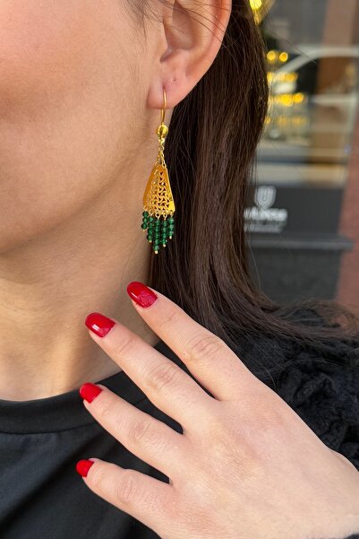 Utku Kuyumculuk 22 AYAR YEŞİL TAŞLI ÖZEL TASARIM SALLANTILI AKITMA KÜPE