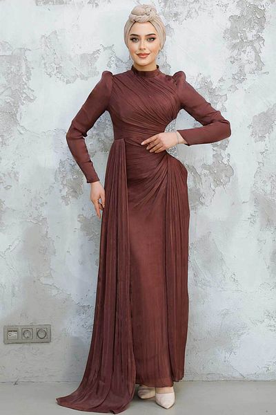 Neva Style - Brown Hijab Evening Dress with Drape Detail 4919Kh