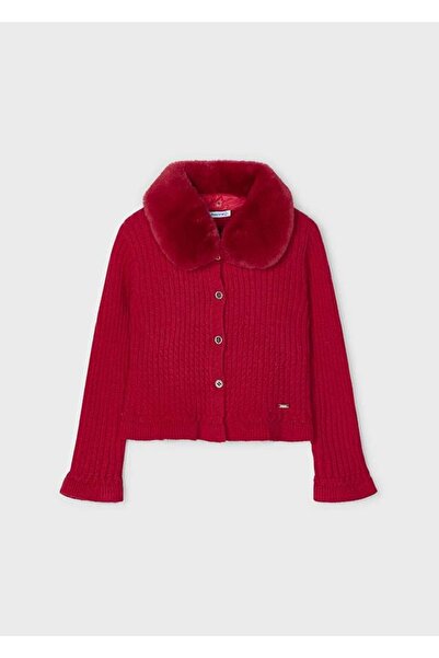 MAYORAL Knitted Collar Furry Girl Cardigan - Red