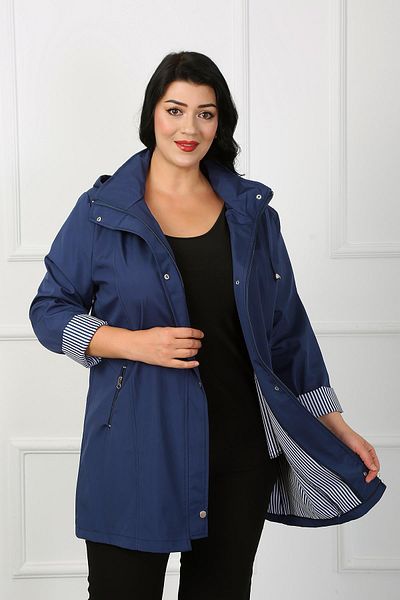 By Alba Collection Women's Indigo Striped Plus Size Trench Coat