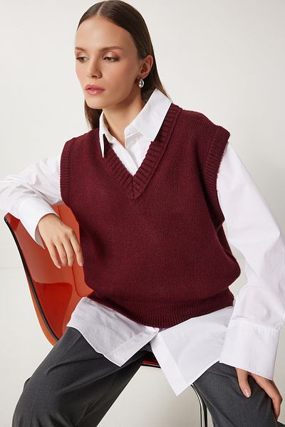 Lovelyİstanbul Burgundy V-Neck Knitwear Sweater - Lpf0065