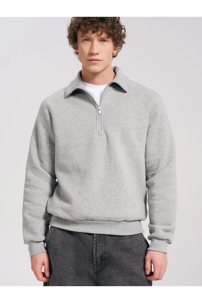 Trendiz Unisex Gray Melange Half Zippered Stand Collar Sweatshirt - 2052