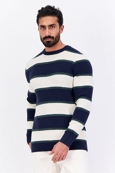 Jules Men Ribbed Neck Stripe Knitted Sweater, Navy
