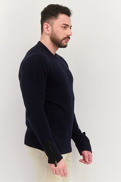 Trussardi Jeans سترة رجالية محبوكة بأكمام طويلة ورقبة دائرية، لون أزرق داكن