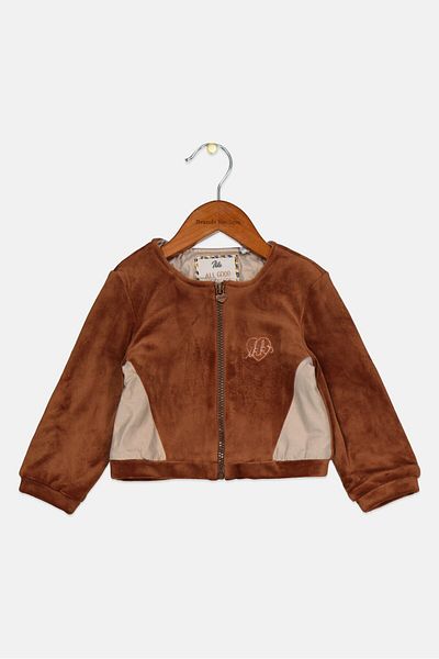 IKKS Toddlers Girl Round Neck Brand Logo Long Sleeve Full Zip Jacket, Brown