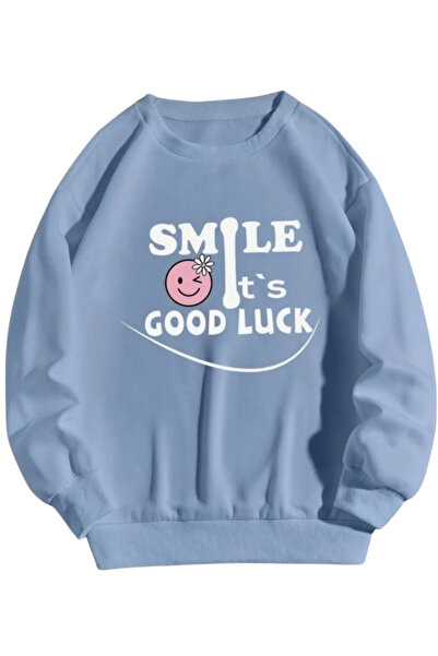 FECCY Hanorac din bumbac cu imprimeu Smile și guler tip crewneck