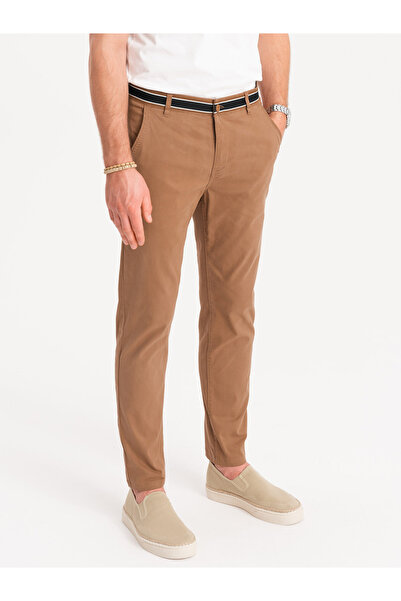OMBRE Ανδρικό παντελόνι chino με διακοσμητική ζώνη - καφέ V4 OM-PACP-0118 L