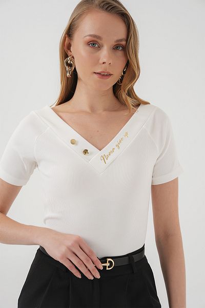 Bigdart 928 Short Sleeve V-Neck Blouse - White