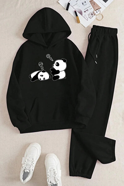FECCY Hanorac negru oversize din bumbac cu imprimeu panda