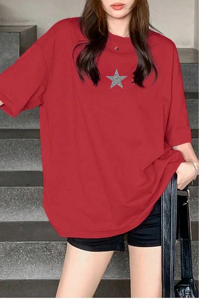 NO 601 Women's Red Oversize Silver Silvery Star Printed Trend Loose Fit Tshirt
