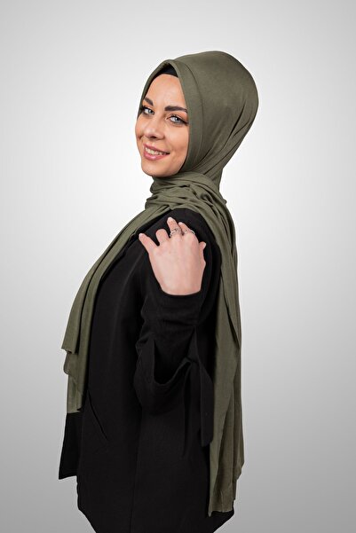 Şalcenneti.com Kadın Tesettür Pratik Penye Şal Önü Süngerli Hazır Geçmeli Haki Rengi Eşarp