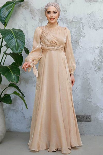 Neva Style Drape Detailed Biscuit Hijab Evening Dress 4823Bs