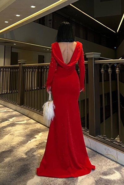 Mossta Lurex Crepe Evening Dress with Low Back Pearl Detail Red