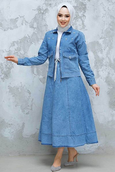 Neva Style Set de blugi cu fustă hijab albastră și jachetă - 44641M