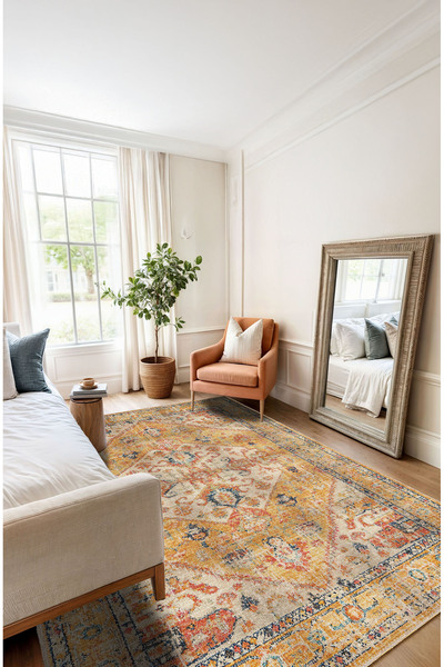 BigArts Home Sarı Ve Krem Geleneksel Anadolu Desenli Vintage Halı Dijital Şönil Halı