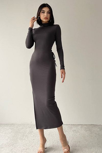 WOMAN VISION Smoked Sandy Fabric - Μίντι βραδινό φόρεμα με χαμηλό κόψιμο στην πλάτη και δέσιμο 327
