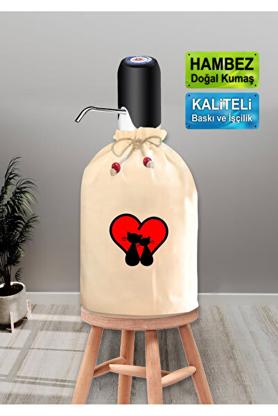 enmalife Dekoratif  Kalpli Kedi Baskılı Damacana Kılıfı Doğal Hambez Büzgü İp...