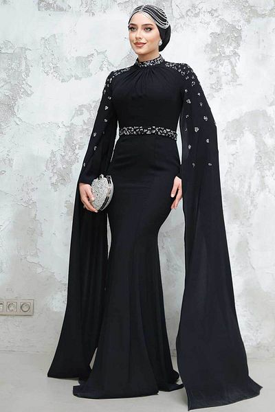 Neva Style Black Hijab Evening Dress with Cape 4863S