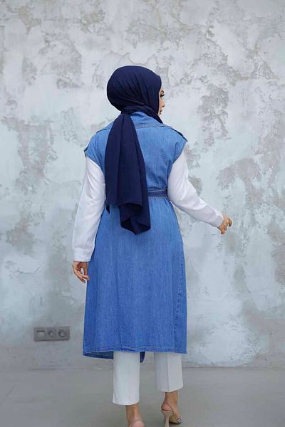Neva Style Bead Embroidered Denim Dark Blue Hijab Vest 6551Km