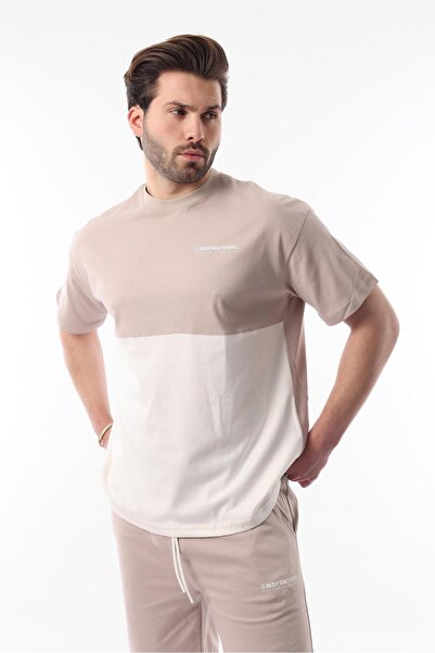 Madmext Beige Printed Color Block Cotton Adjustable Waist Shorts Set 5952