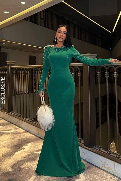 Mossta Green Lurex Crepe Evening Dress - Pearl Detail and Low Back