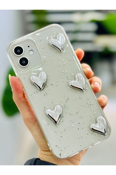 Go Aksesuar حافظة سيليكون مرنة بتصميم قلب فضي فضي متوافقة مع هاتف Iphone 12 و12 Pro مع لعبة