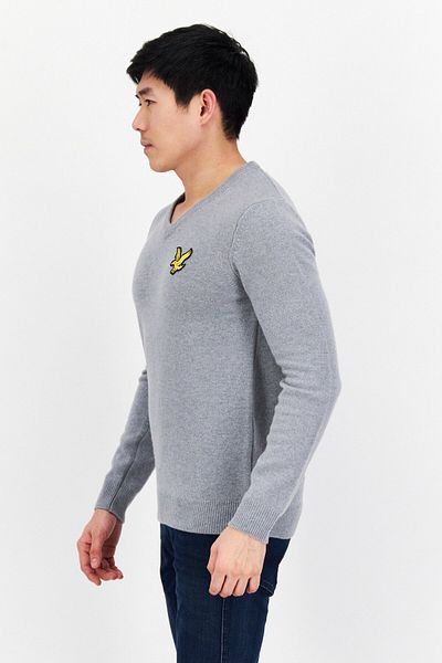 Lyle & Scott Men V-neck Embroidered Logo Long Sleeve Sweater, Grey