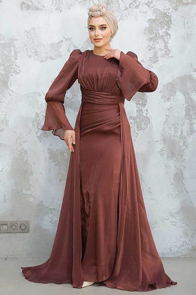 Neva Style Tailed Brown Hijab Evening Dress 4986Kh
