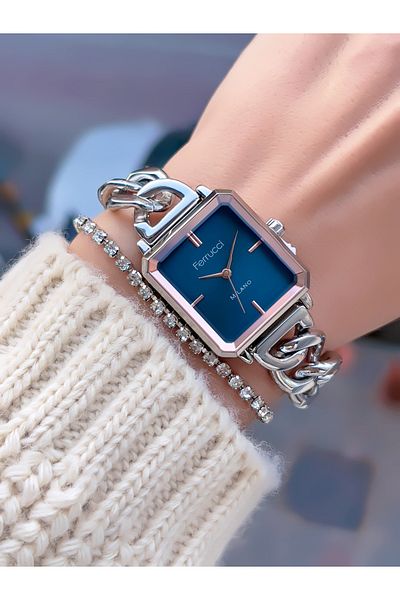 Ferrucci Steel Chain Cord Square Case Women's Wrist Watch with 2 Year Warranty + Bracelet Gift