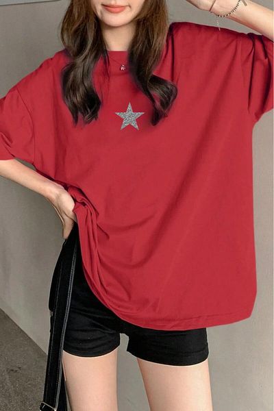 NO 601 Women's Red Oversize Silver Silvery Star Printed Trend Loose Fit Tshirt