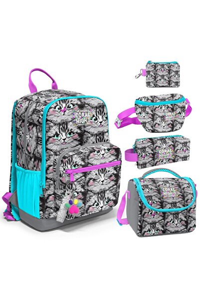 Coral High Beşli İlkokul/Ortaokul Çanta Seti - Gri Kedi - Kız Çocuk