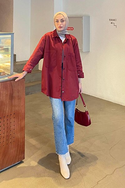 lamelif قميص أحمر كلاريت - جيوب مزدوجة وأزرار طويلة