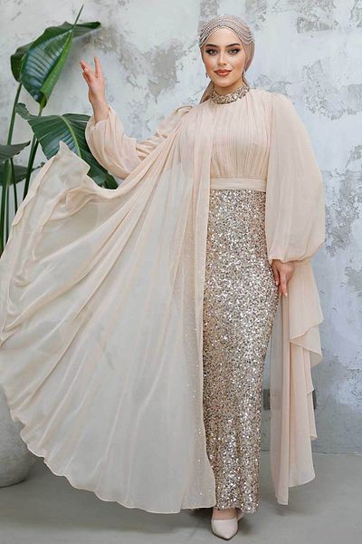Neva Style Sequined Beige Hijab Evening Dress 50231Beige