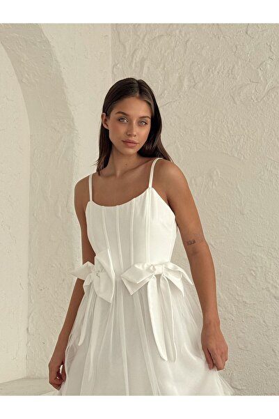 BEAUTY FASHİON Kadın Abiye Tül Etekli Beli Çift Fiyonk Kurdelalı İnce Askılı ...