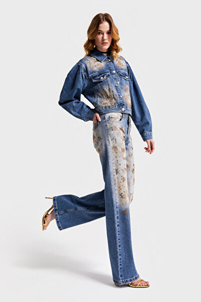 its basic Kadın T.Kot Rengi 4S568 Parlak Taşlı Tasarım Denim Ceket